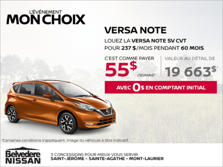 Louez la Nissan Versa Note 2019 dès aujourd'hui!