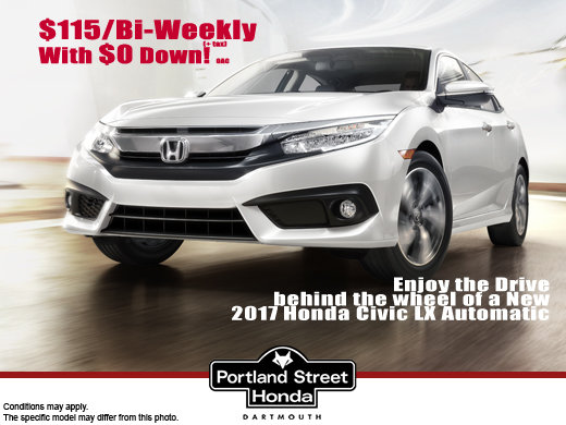 Drive Home an Automatic 2017 Honda Civic from only $115 bi-weekly plus tax with ZERO DOWN!