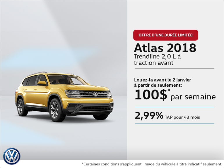 Lease the **2018 Volkswagen Atlas** Trendline 2.0T FWD from **$100 weekly** at 2.99% for 48 months with $3,400 down!
Certain con